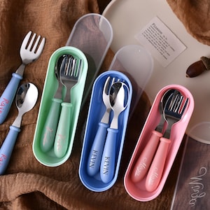 Juego de cubiertos con nombre personalizado para bebés y niños: cuchara y tenedor personalizados, ideal para recién nacidos, cumpleaños y aniversarios.
