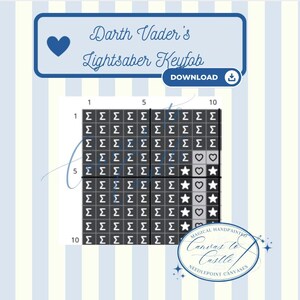 May include: A cross-stitch pattern for a Darth Vader's Lightsaber Keyfob. The design is on a grid with symbols and shapes. The top of the image has a blue banner with the text "Darth Vader's Lightsaber Keyfob" and a download button.