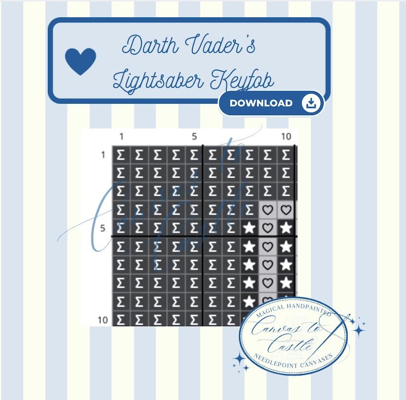 May include: A cross-stitch pattern for a Darth Vader's Lightsaber Keyfob. The design is on a grid with symbols and shapes. The top of the image has a blue banner with the text "Darth Vader's Lightsaber Keyfob" and a download button.