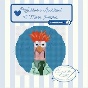May include: A digital needlepoint pattern titled Professor's Assistant 13 Mesh Pattern featuring a pixelated character with bright orange hair, large white eyes, a tan nose, and a green lab coat set against a circular dark blue background.
