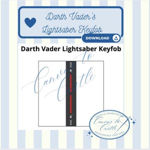 May include: A digital design for a Darth Vader Lightsaber Keyfob. The design features a black rectangle with a red lightsaber in the centre. The text "Darth Vader Lightsaber Keyfob" is displayed above the design.