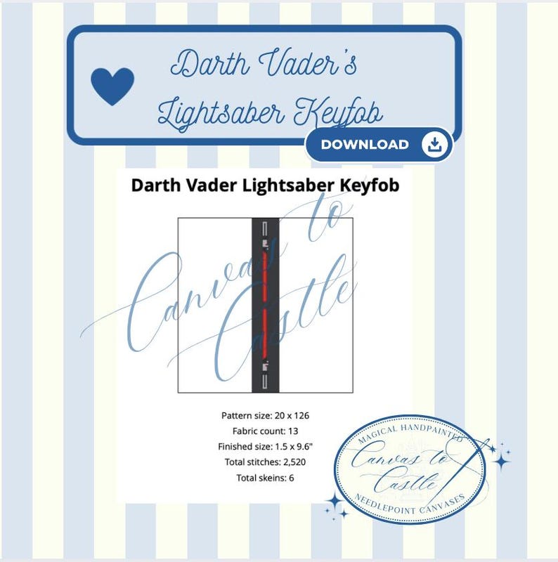 May include: A digital needlepoint pattern for a Darth Vader Lightsaber Keyfob. The design features a lightsaber graphic with a red blade. The pattern size is 20 x 126, with a finished size of 3.8 x 24.4 cm. The image includes the text "Darth Vader's Lightsaber Keyfob".