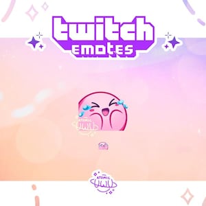 May include: A pink Twitch emote with a crying laughing face. The emote is set against a pink and orange gradient background with a white cloud in the background. The text "Twitch Emotes" is in purple at the top of the image.