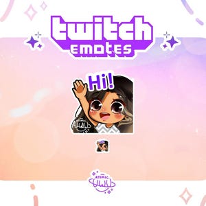 May include: Purple and white Twitch emote with the text "Twitch Emotes" and a cartoon character waving and saying "Hi!"