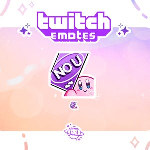 Könnte beinhalten: Lilafarbener Twitch-Emote mit dem Wort "NO U" auf rosa Hintergrund. Der Emote ist ein rosa Charakter, der ein lila Schild mit dem Text "NO U" hält.
