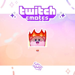 Può includere: Un personaggio dei cartoni animati rosa e rosso con fiamme sulla testa. Il personaggio sorride e ha occhi grandi. Lo sfondo è un gradiente rosa e viola con stelle bianche. Il testo "twitch emotes" è nella parte superiore dell'immagine.