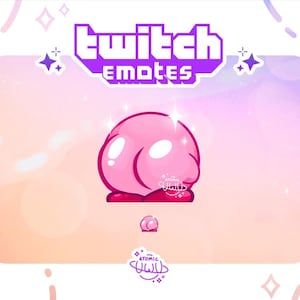 May include: A pink cartoon character with a white face and sparkling eyes. The character is sitting on a pink and white background with the text "Twitch Emotes" above it.