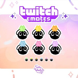 Op de afbeelding: Zes zwart-witte Twitch-emotes met verschillende gekleurde bloemen erop. De emotes bevinden zich op een roze en gele achtergrond met de tekst "Twitch Emotes" in paars en wit.