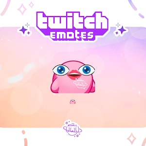 May include: Pink cartoon character with large eyes and a surprised expression. The character is wearing a pink shirt with a white collar and a white bow tie. The character is also wearing a pink hat with a white brim. The character is standing on a white background. The text "Twitch Emotes" is in the background.