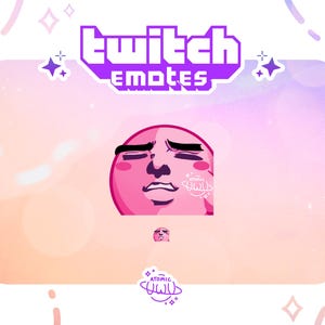 以下が含まれることがあります： ピンクのTwitchの絵文字で、目は閉じられていて、にやりと笑っている漫画の顔をしています。絵文字は、白雲のあるピンクとオレンジのグラデーションの背景に設定されています。画像の上部には、紫色のテキストで「Twitch emotes」と表示されています。