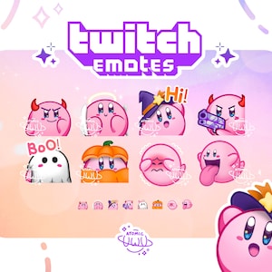 May include: A set of nine pink and white Twitch emotes featuring a pink character with different expressions and costumes, including a ghost, a pumpkin, a witch hat, and devil horns. The emotes are labeled with text such as "Boo!" and "Hi!" and are designed in a cartoon style.