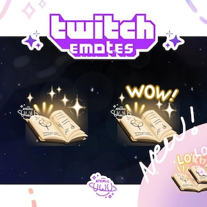 May include: Two animated Twitch emotes featuring a glowing open book with the text "Wow!" and "New! Lore!" above each book.