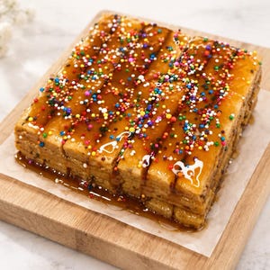 May include: A square Turrón de Doña Pepa dessert featuring stacked rectangular honey-infused cookie layers topped with a thick amber syrup and multicolored round sprinkles, labeled Traditional Peruvian Turrón de Doña Pepa Verouska Artisan Bakery.