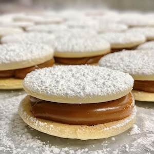 May include: Close-up of a dulce de leche sandwich cookie dusted with powdered sugar. The cookie is made with two soft, round, sugar-coated cookies filled with a thick layer of dulce de leche.