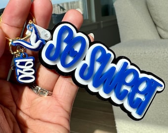 So Sweet Customized Triple Layered Sorority Acrylic Keychain with Charms – 3 Colors | Blue, White & Black