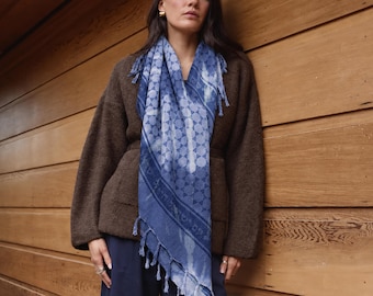 Blue Spiral Tie-Dye Star of David Cotton Sudra Scarf with Fringes