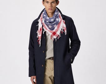American Flag Keffiyeh Scarf, Cotton Patriotic Shawl with Fringe