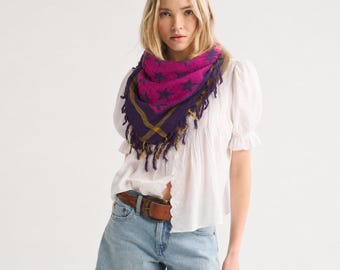 American Flag Cotton Scarf, Purple Stars & Stripes Fringe Shawl