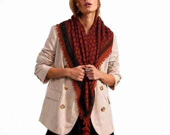 Rust Red Star of David Cotton Sudra Scarf with Tassels