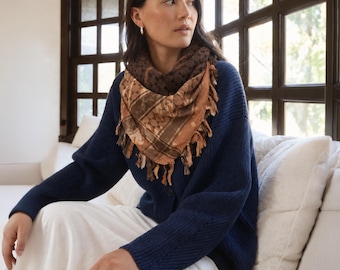 Brown Spiral Tie-Dye Star of David Cotton Sudra Scarf with Fringes