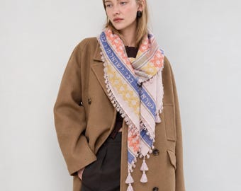 Multicolor Pink Interlink Cotton Sudra Scarf with Tassels
