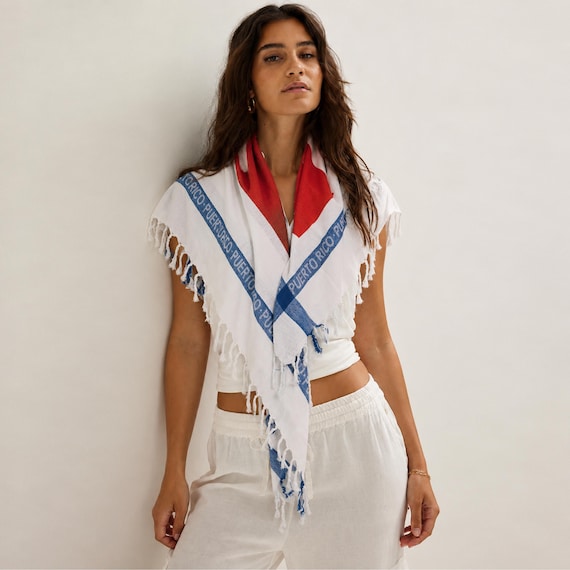 Puerto Rico Flag Cotton Scarf, Woven Text Boricua Shawl, Unisex Caribbean Wrap