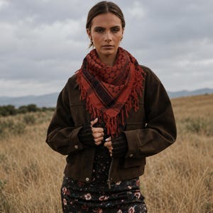 Rust Red Star of David Cotton Sudra Scarf with Fringes