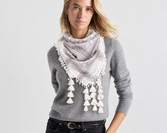 White Star of David Cotton Sudra Scarf with Tassels