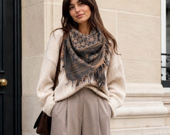 Brown Gray Bamboo Tie-Dye Star of David Cotton Sudra Scarf with Fringes