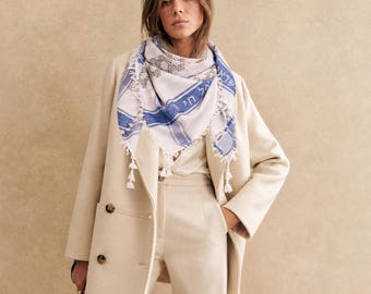White Multi color Interlink Cotton Sudra Scarf with Tassel