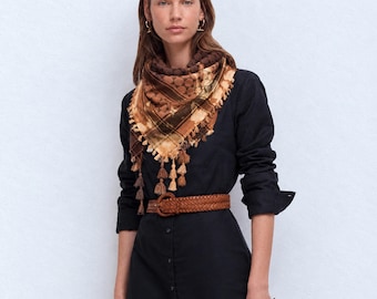 Brown Spiral Tie-Dye Cotton Sudra Scarf with Tassels