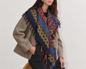 Midnight Star of David Scarf, Cotton Sudra, Hebrew Head Covering, Blue Jacquard Shawl