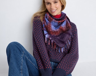 Red Purple Spiral Tie-Dye Star of David Cotton Sudra Scarf with Fringes
