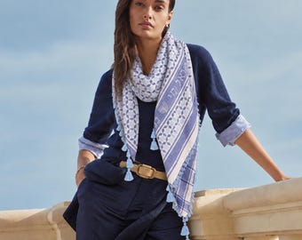 White Mosaic Cotton Sudra Scarf, Handcrafted Tassel
