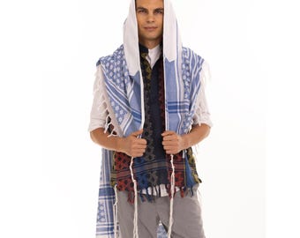 Handmade Interlink Tallit, 70x58 Prayer Shawl with Tzitzit, Blue & White