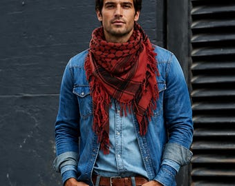 Rust Red Star of David Cotton Sudra Scarf with Fringes