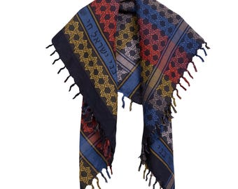 Midnight Star of David Scarf, Cotton Sudra, Hebrew Head Covering, Blue Jacquard Shawl