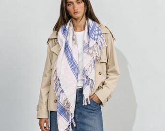 White Multi color Interlink Cotton Sudra Scarf with Fringes