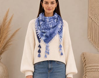 Blue Spiral Tie-Dye Star of David Cotton Sudra Scarf with Tassels