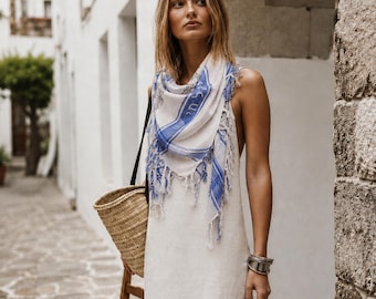 White Multi color Interlink Cotton Sudra Scarf with Fringes