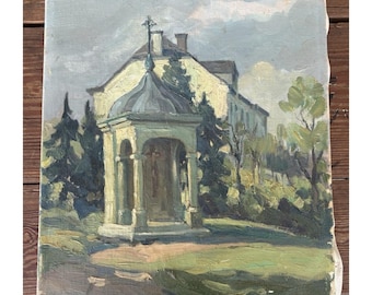 Antique French Oil Painting Early 20th c. Signed Chapel Shrine Impressionist