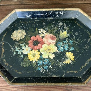 Antique Victorian Tole Hand Painted Handled Tray Floral Scene 18.5&quot; Toleware