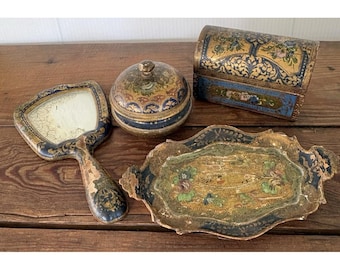 Vtg 4tlg. Florentiner Italienisches Waschtisch Set ~ Gold Vergoldet ~ Handspiegel Tablett Gewölbte Box