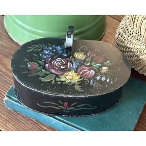 Vintage Tole Painted Silent Butler Crumb Catcher Hand Painted Black Roses Metal
