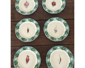 Vintage Gien Plates Poivre Et Sel Turquoise Green 7" Dessert France Set Of 6