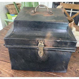 Antique Metal Tin Document Notary Deed Lock Box Cash Box Strong Box Unique Lid-1