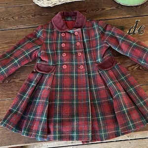 Vintage Rothschild Red And Green Plaid Lined Wool Pea Coat Velvet Collar Size 3