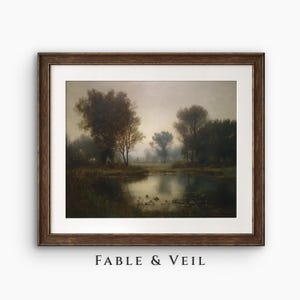 Moody Pond Landscape Wall Art: Vintage Digital Download, Antique Oil Painting
