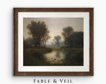 Moody Pond Landscape Wall Art: Vintage Digital Download, Antique Oil Painting