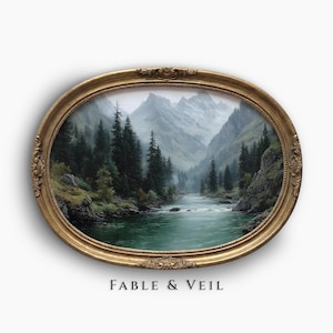 Vintage River Landscape: Mountain Wall Art, Rustic Cabin Decor